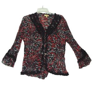 Choices Women's Size XL Black Red Print Pleated Long Bell‎ Sleeve V Neck Blouse